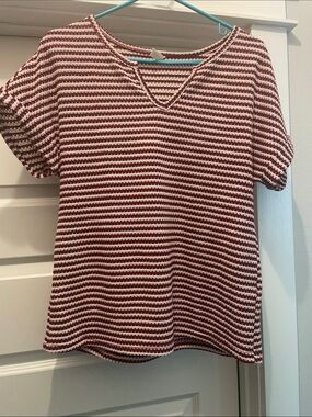 Maroon and White Striped V-Neck Knit Top